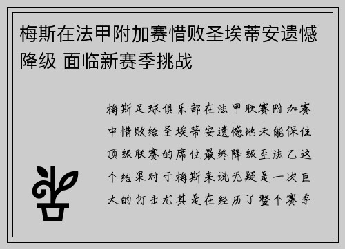 梅斯在法甲附加赛惜败圣埃蒂安遗憾降级 面临新赛季挑战